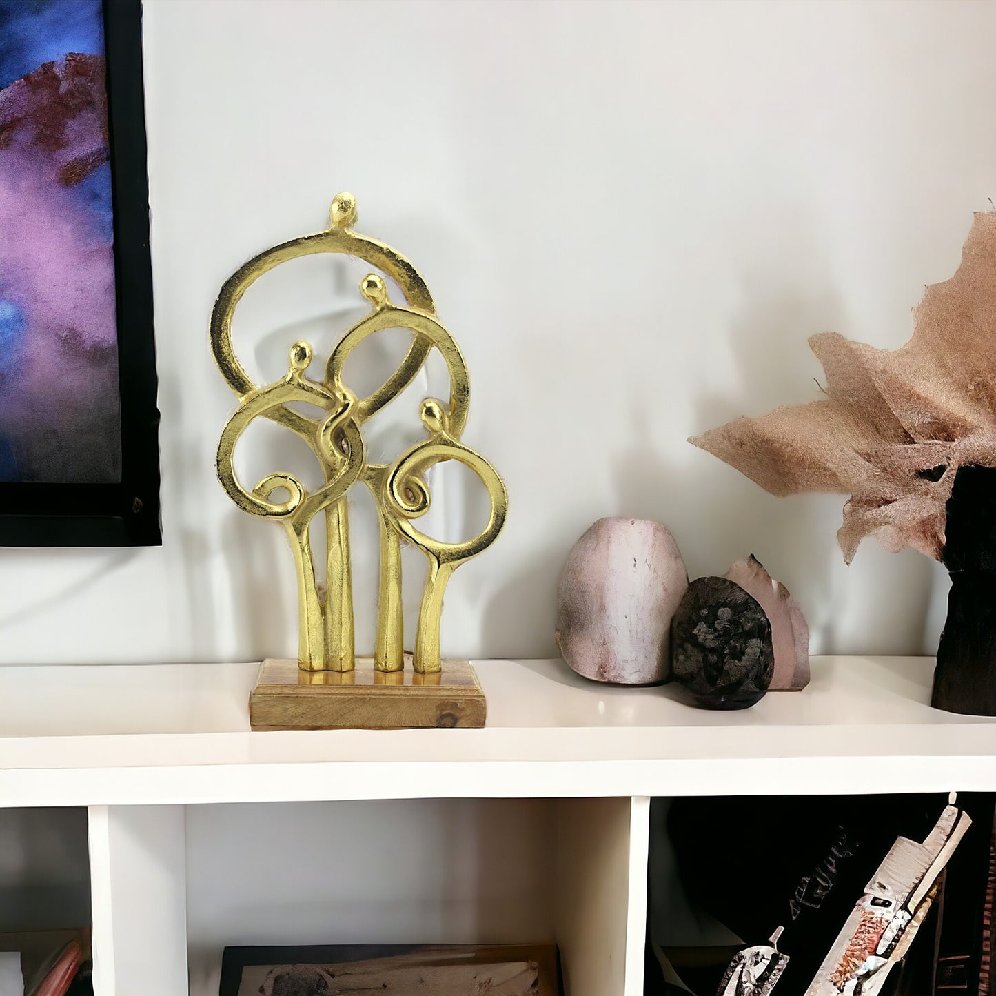 Golden Bond: Handcrafted Aluminium Family Sculpture on Wood Base