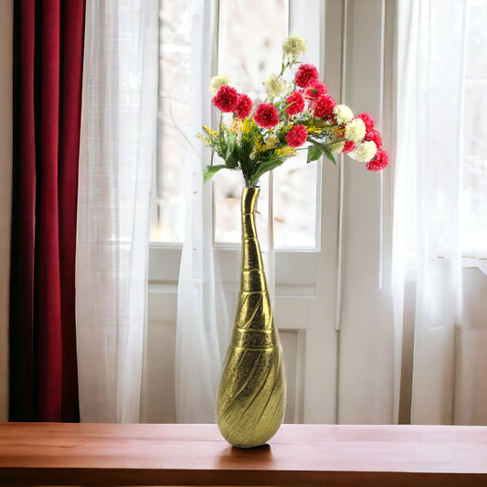 Handcrafted Golden Aluminium Surahi-Top Curved Flower Vase: Exquisite Artistry for Floral Elegance