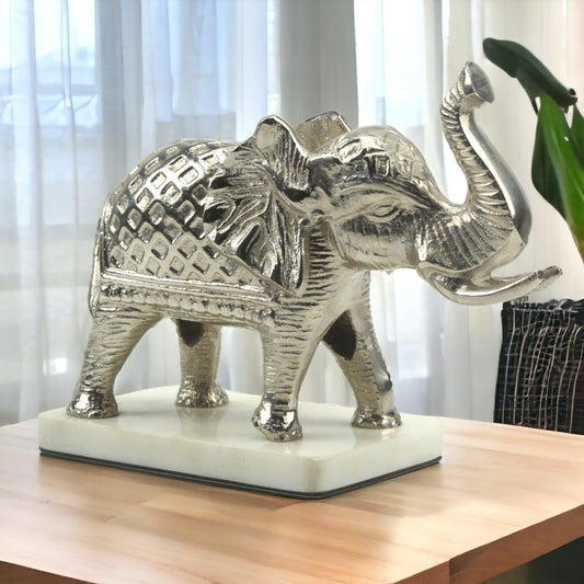 Handcrafted Silver Aluminum Elephant Sculpture on Marble Base: Majestic Ornament for Home Décor