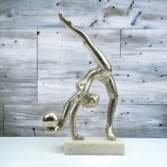 Handcrafted Silver Aluminum Lady Gymnast on Marble Base: Elegant Sculpture Ornament for Home Décor