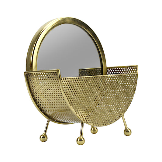 A Round Vanity Mirror in Metal Frame Basket