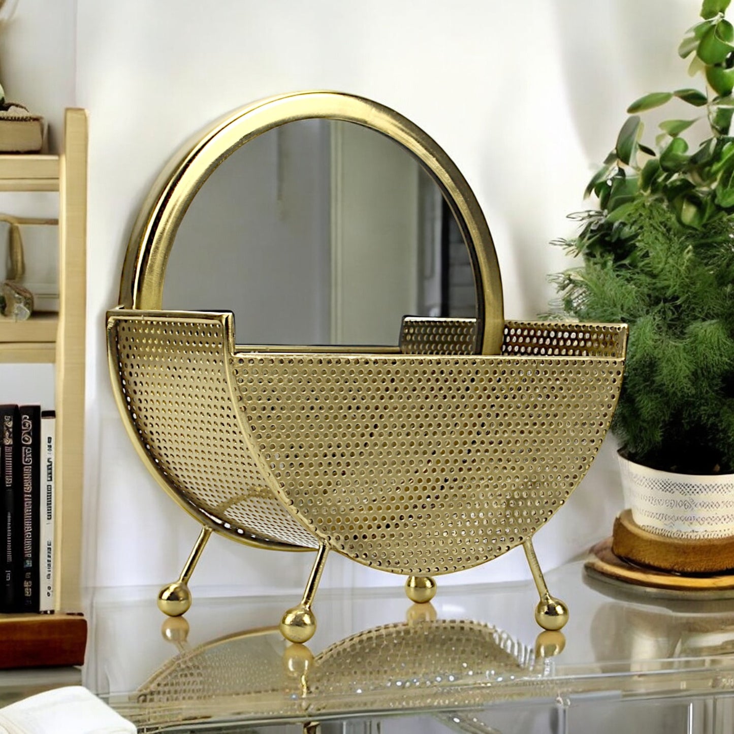 A Round Vanity Mirror in Metal Frame Basket