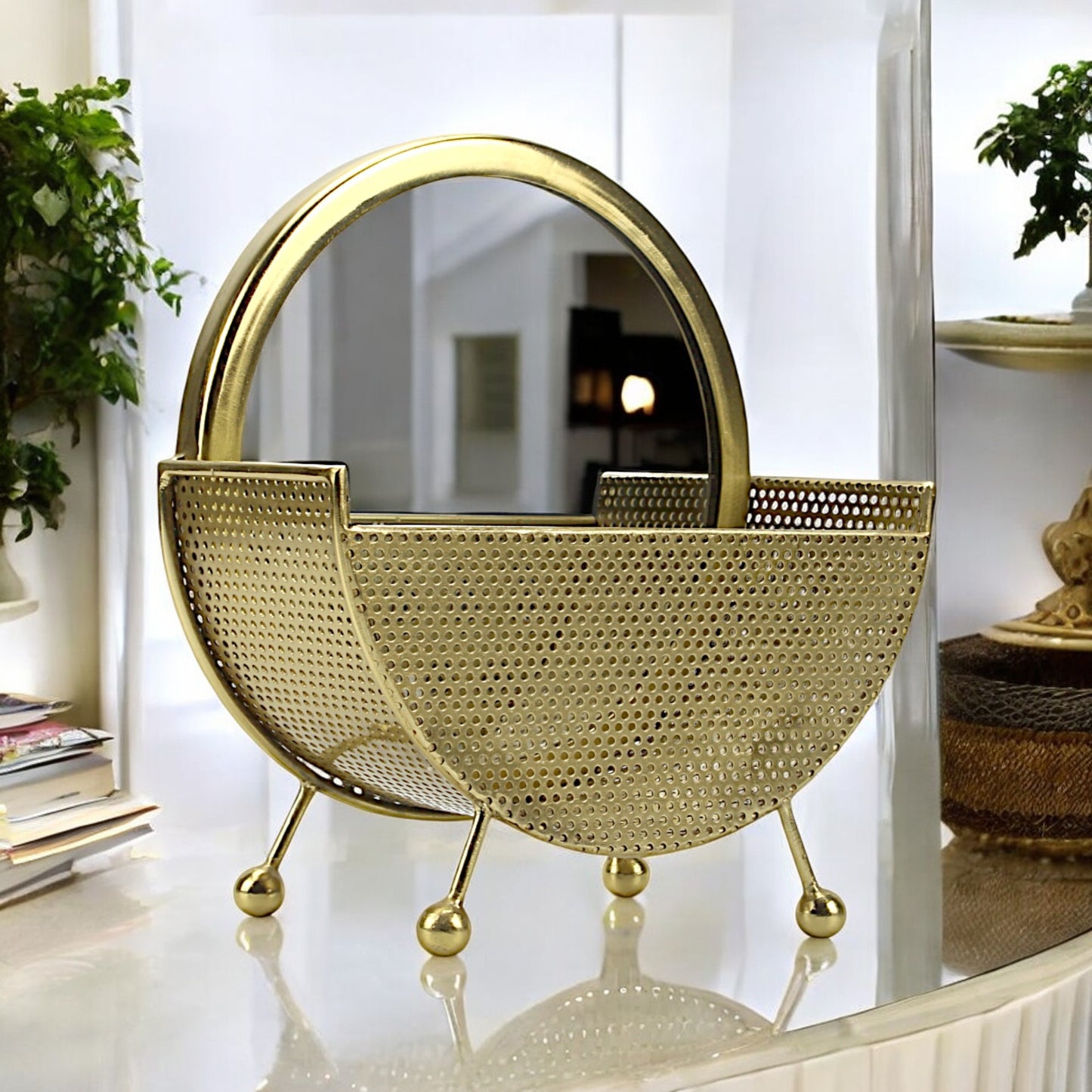 A Round Vanity Mirror in Metal Frame Basket