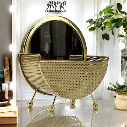 A Round Vanity Mirror in Metal Frame Basket