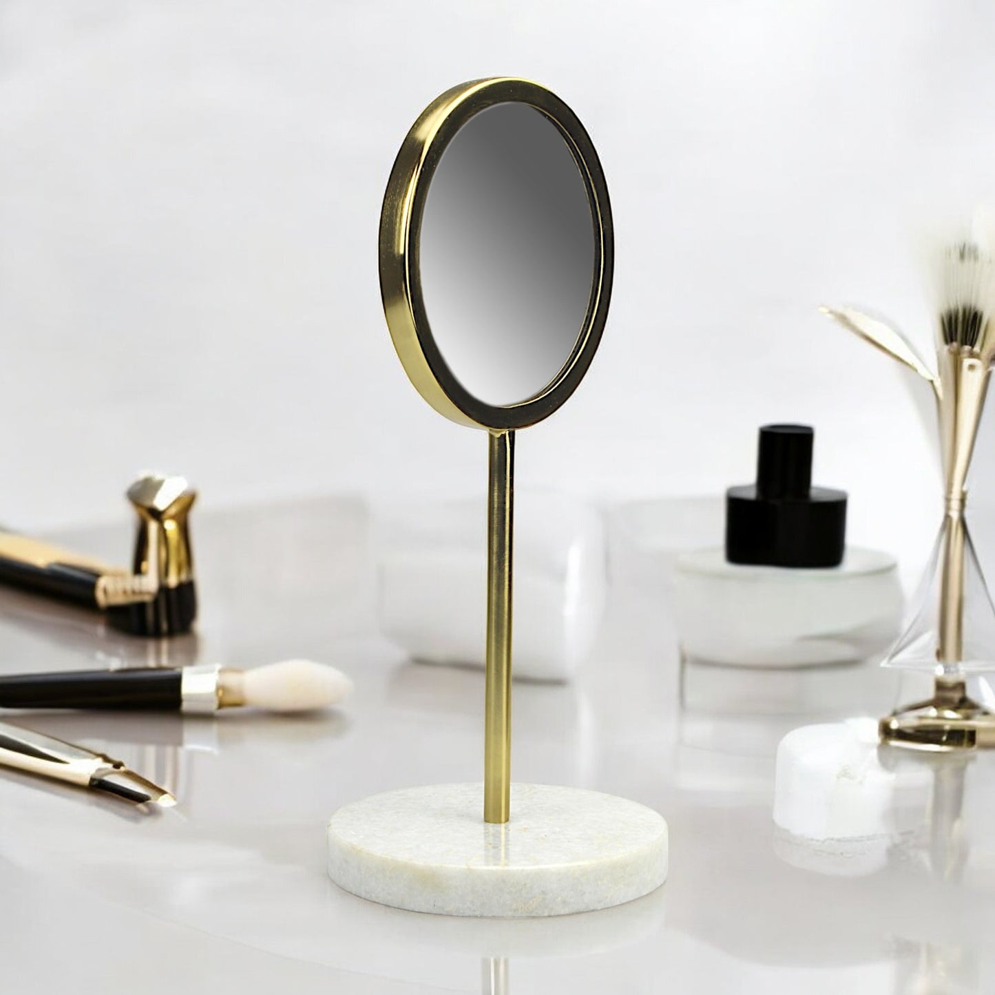 A Round Vanity Mirror on Marble Base