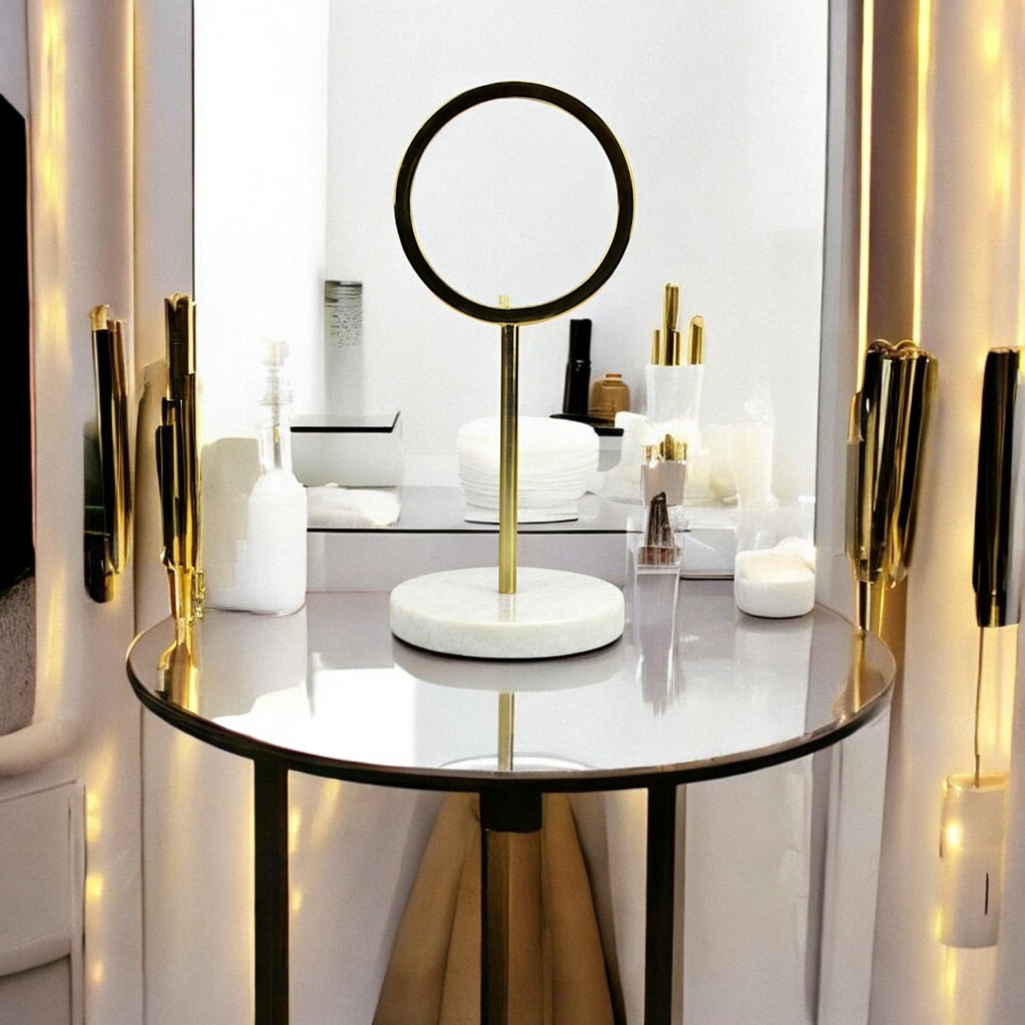 A Round Vanity Mirror on Marble Base