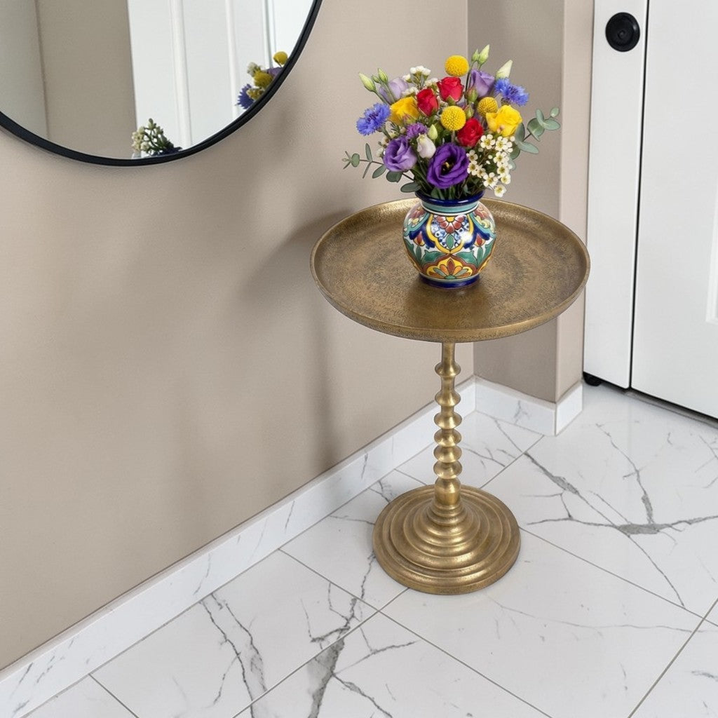 13.5 Inch Antique Finish Metal Accent Table | Classic Luxury Pedestal Side Table (24 Inch Height)