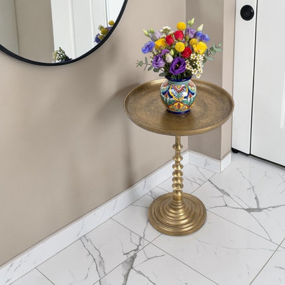 13.5 Inch Antique Finish Metal Accent Table | Classic Luxury Pedestal Side Table (24 Inch Height)