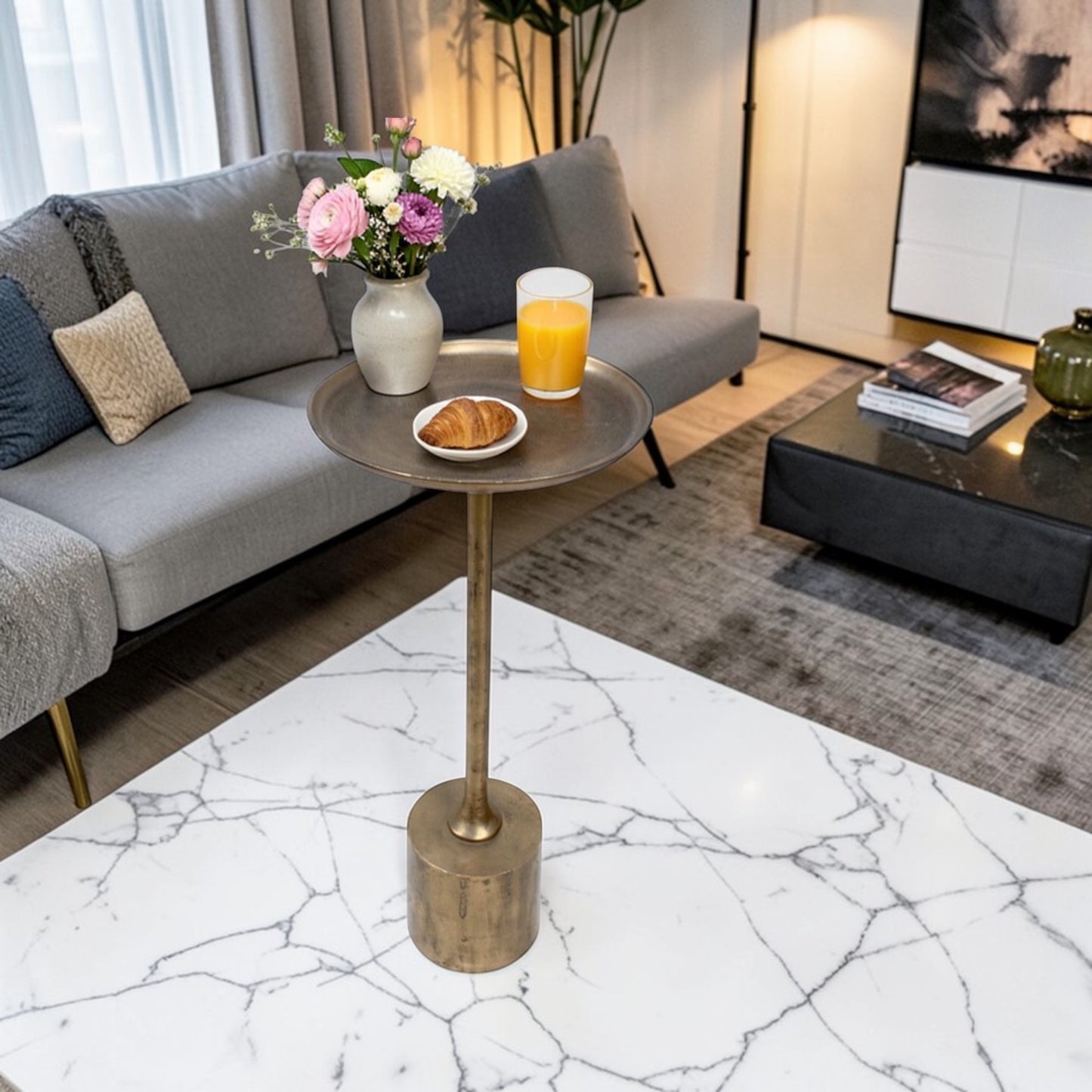 13.5 Inch Metal Accent Table | Slim Luxury Pedestal Side Table (22.5 Inch Height)