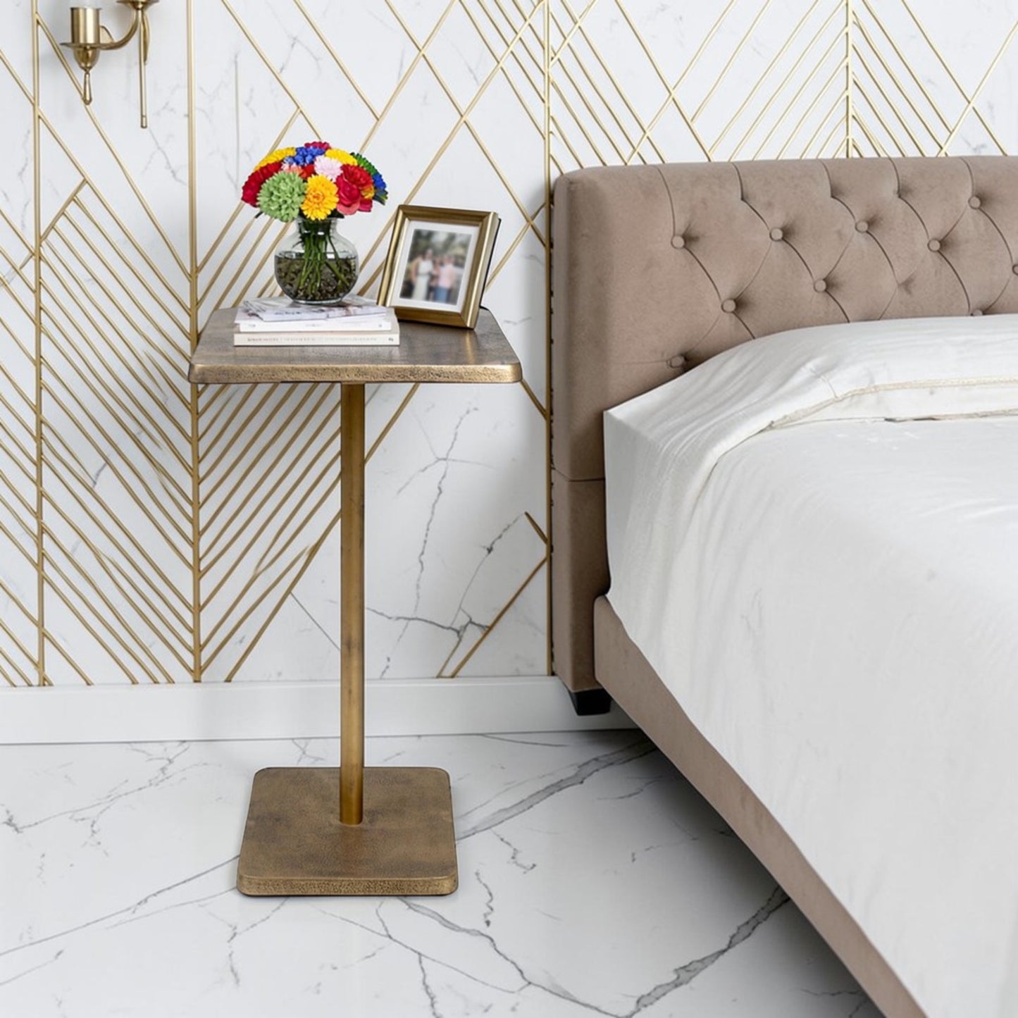 Square Metal Side Table | Modern Minimal Accent Table for Living Room & Bedside (21.25 Inch Height)