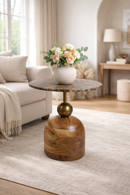 18 Inch Marble Top Accent Side Table with Solid Wood Base & Metal Stem | Modern Luxury End Table for Living Room & Bedroom