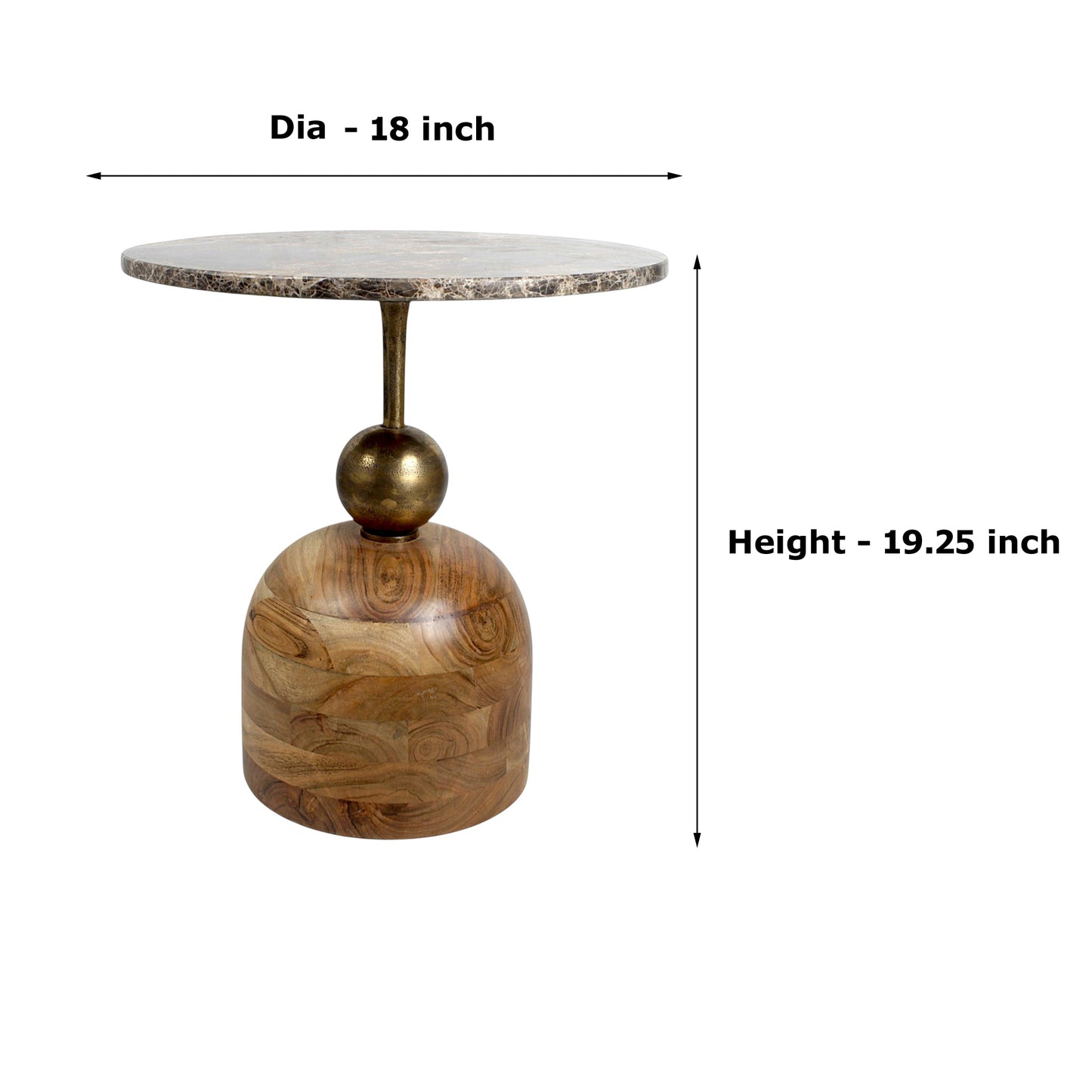 18 Inch Marble Top Accent Side Table with Solid Wood Base & Metal Stem | Modern Luxury End Table for Living Room & Bedroom