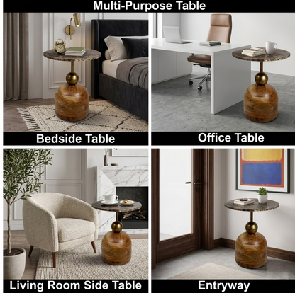 18 Inch Marble Top Accent Side Table with Solid Wood Base & Metal Stem | Modern Luxury End Table for Living Room & Bedroom