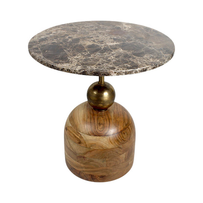 18 Inch Marble Top Accent Side Table with Solid Wood Base & Metal Stem | Modern Luxury End Table for Living Room & Bedroom