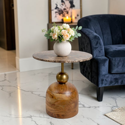 18 Inch Marble Top Accent Side Table with Solid Wood Base & Metal Stem | Modern Luxury End Table for Living Room & Bedroom