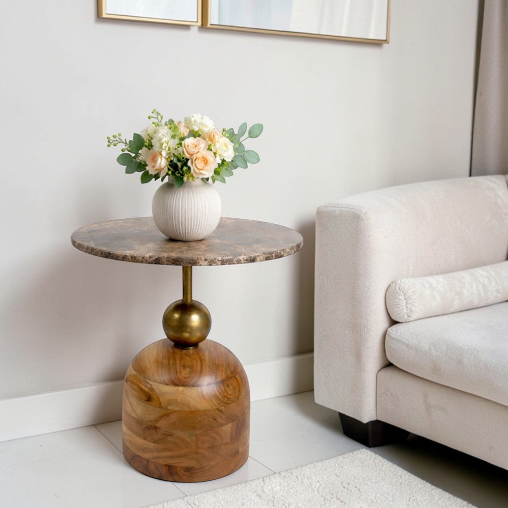 18 Inch Marble Top Accent Side Table with Solid Wood Base & Metal Stem | Modern Luxury End Table for Living Room & Bedroom
