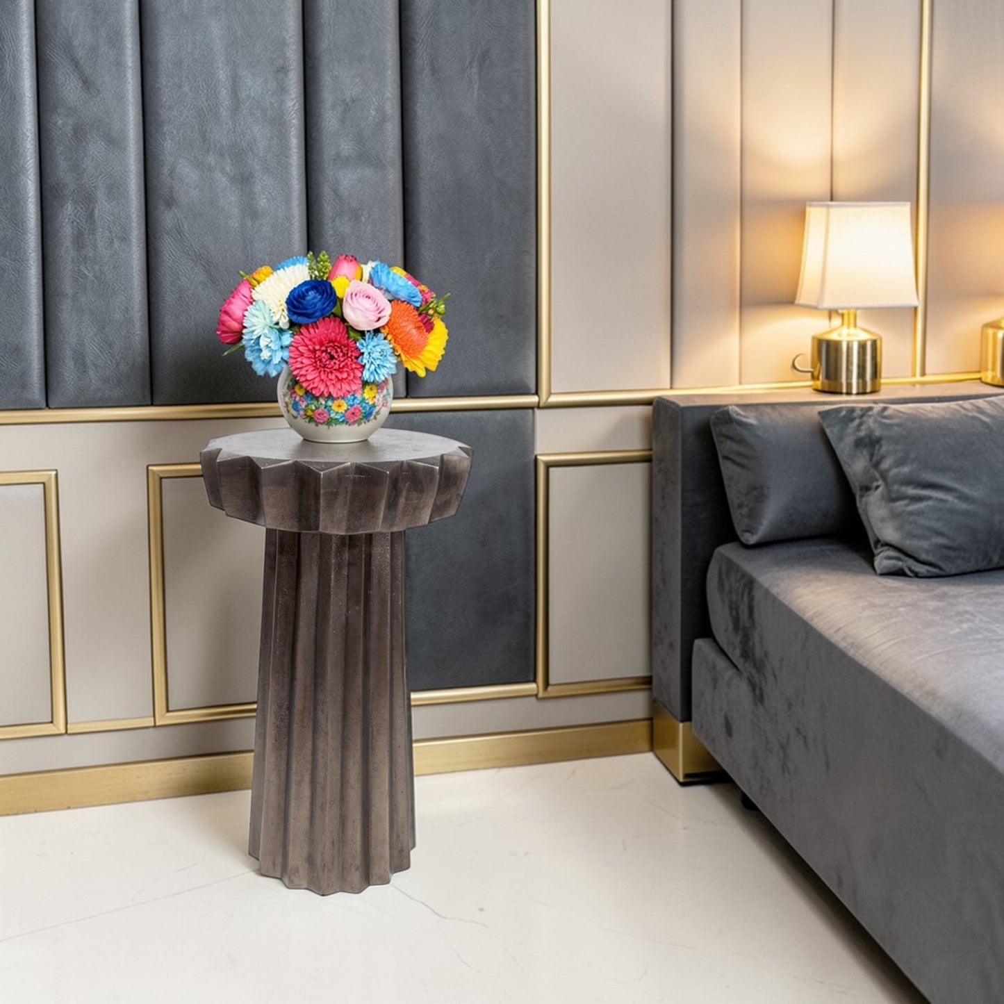 11.75 Inch Designer Metal Accent Table | Sculptural Fluted Side Table for Modern Interiors (20.25 Inch Height)