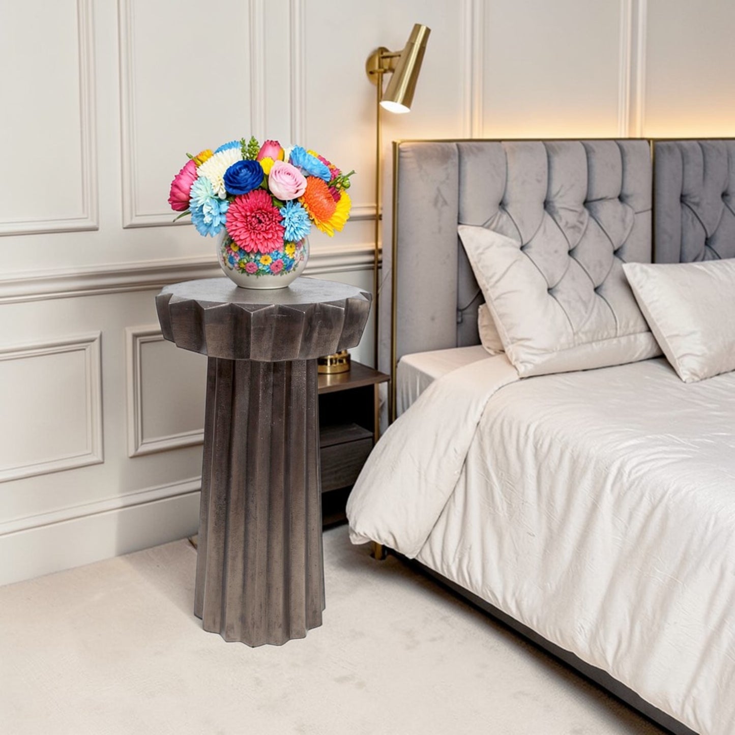 11.75 Inch Designer Metal Accent Table | Sculptural Fluted Side Table for Modern Interiors (20.25 Inch Height)