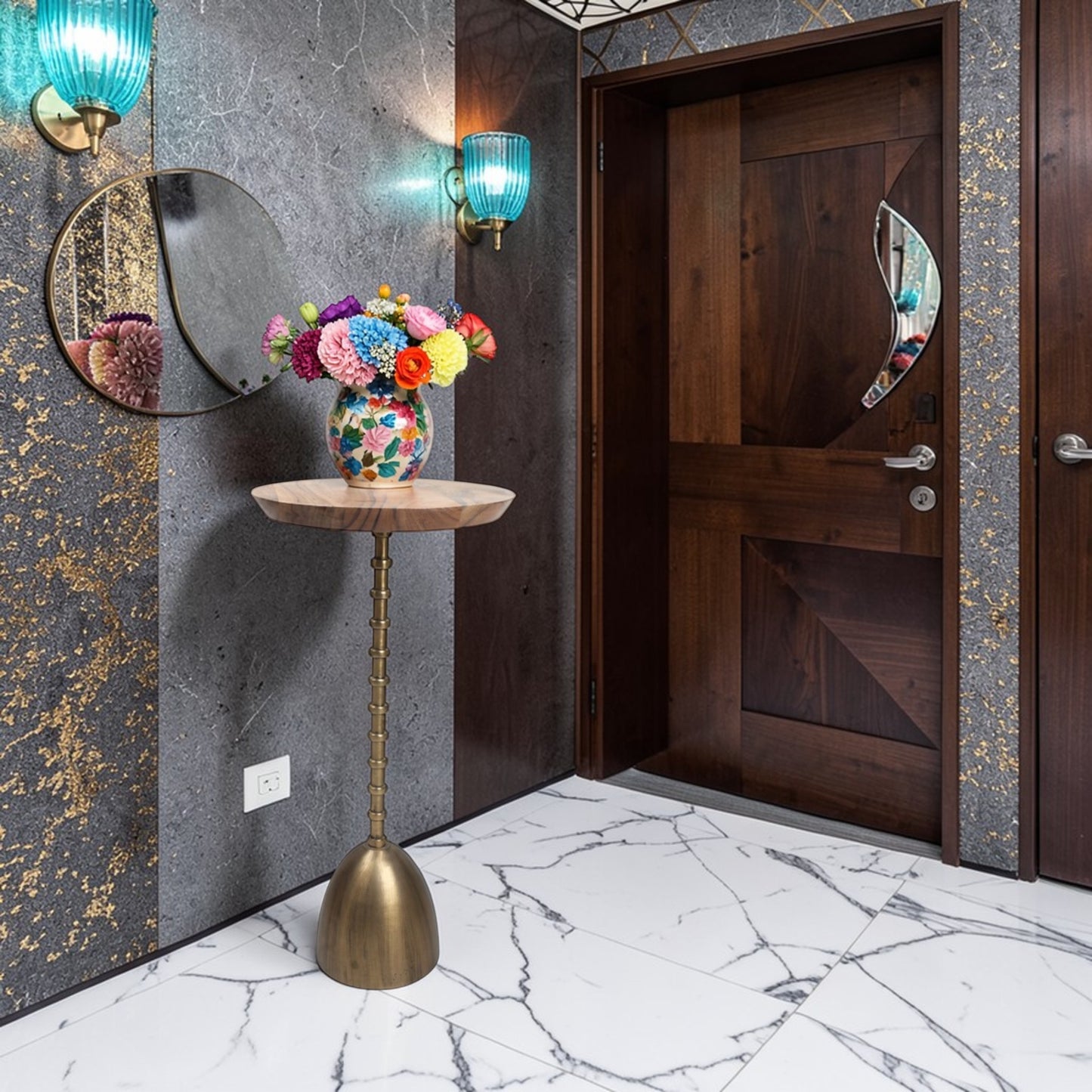 10.5 Inch Wooden Top Accent Table with Metal Base | Modern Handcrafted Side Table (22 Inch Height)