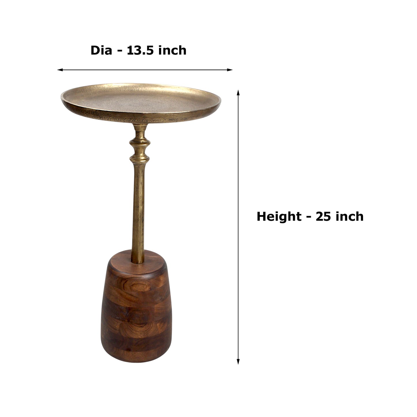13.5 Inch Metal Top Accent Table with Wooden Base | Luxury Designer Side Table (25 Inch Height)