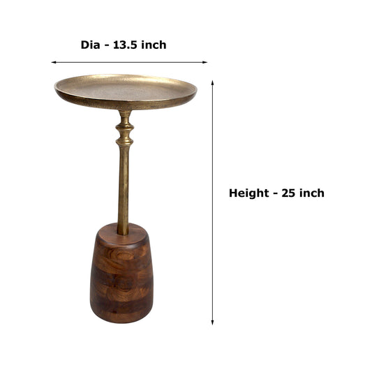 13.5 Inch Metal Top Accent Table with Wooden Base | Luxury Designer Side Table (25 Inch Height)