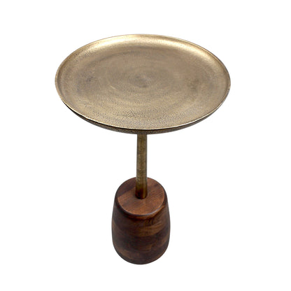 13.5 Inch Metal Top Accent Table with Wooden Base | Luxury Designer Side Table (25 Inch Height)