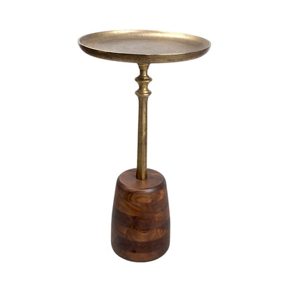 13.5 Inch Metal Top Accent Table with Wooden Base | Luxury Designer Side Table (25 Inch Height)