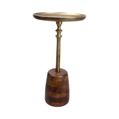 13.5 Inch Metal Top Accent Table with Wooden Base | Luxury Designer Side Table (25 Inch Height)
