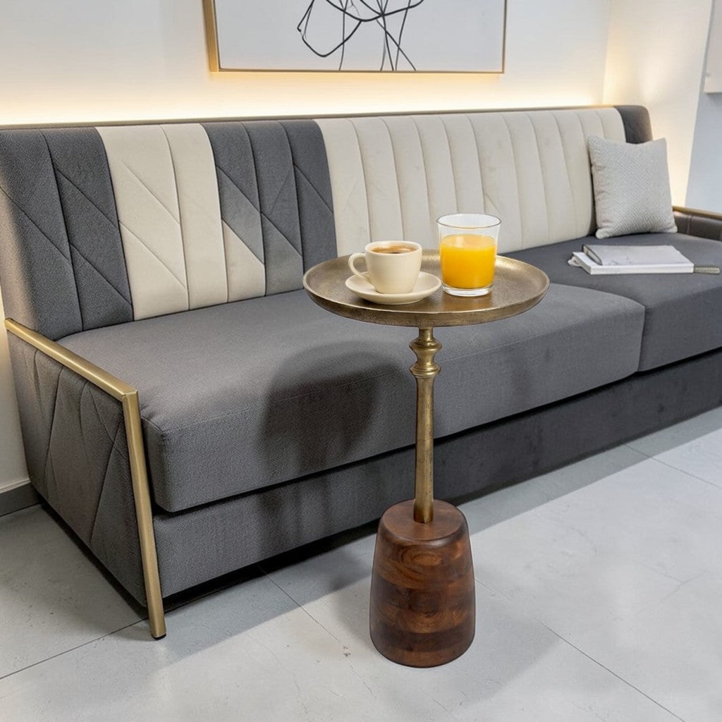 13.5 Inch Metal Top Accent Table with Wooden Base | Luxury Designer Side Table (25 Inch Height)