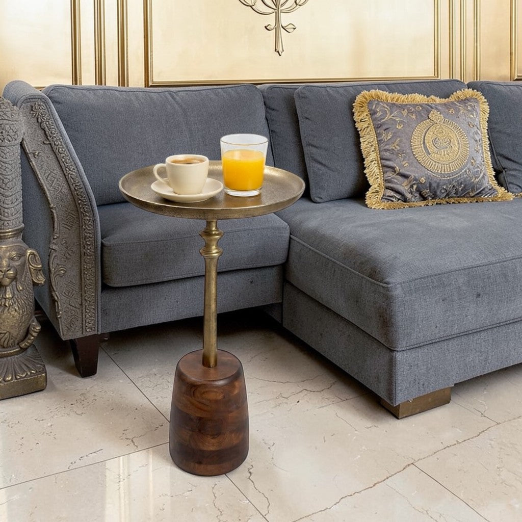 13.5 Inch Metal Top Accent Table with Wooden Base | Luxury Designer Side Table (25 Inch Height)