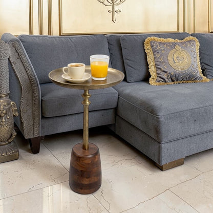 13.5 Inch Metal Top Accent Table with Wooden Base | Luxury Designer Side Table (25 Inch Height)