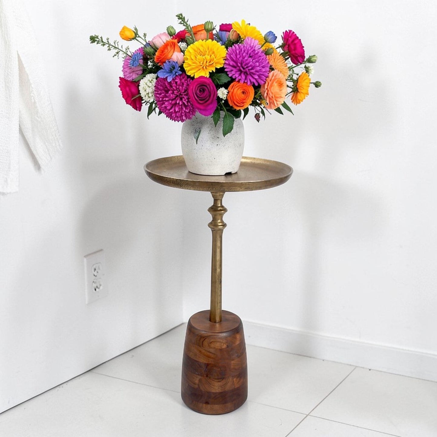 13.5 Inch Metal Top Accent Table with Wooden Base | Luxury Designer Side Table (25 Inch Height)