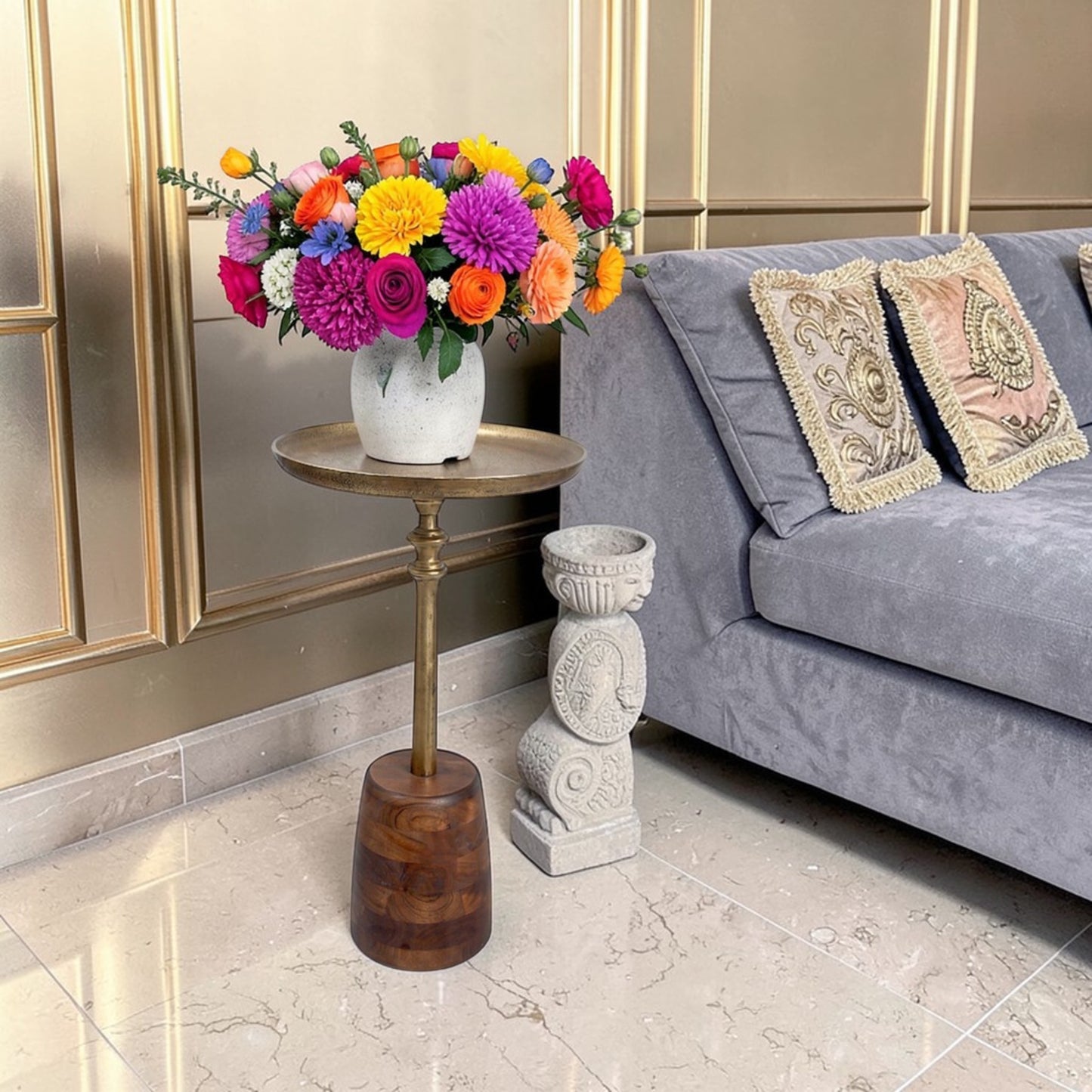 13.5 Inch Metal Top Accent Table with Wooden Base | Luxury Designer Side Table (25 Inch Height)