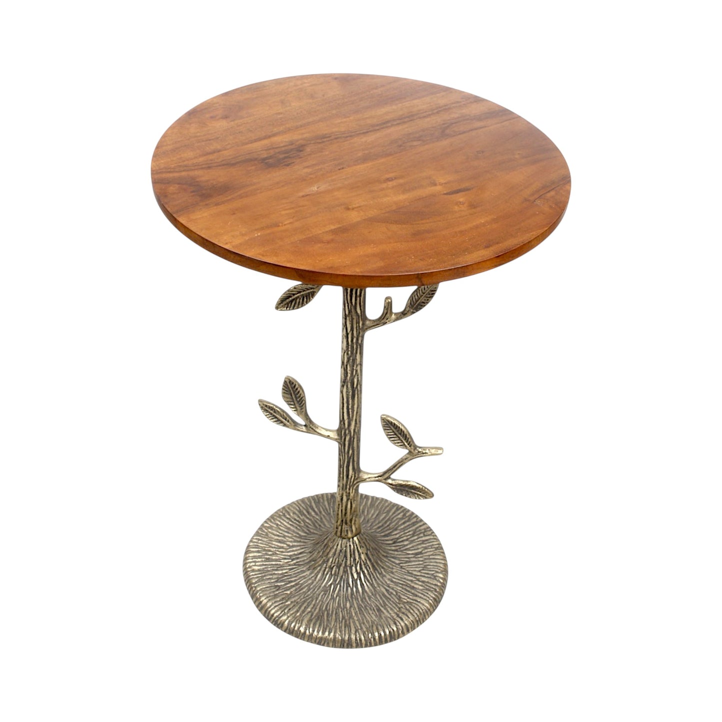 Tree Design Metal Base Side Table with Wooden Top (16 Inch Dia, 23 Inch Height) | Decorative Accent Table