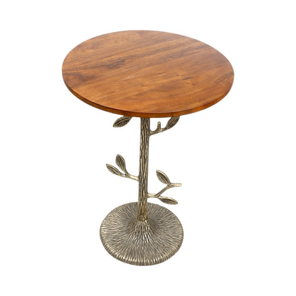 Tree Design Metal Base Side Table with Wooden Top (16 Inch Dia, 23 Inch Height) | Decorative Accent Table