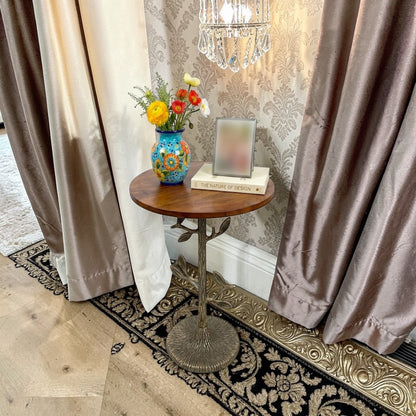 Tree Design Metal Base Side Table with Wooden Top (16 Inch Dia, 23 Inch Height) | Decorative Accent Table