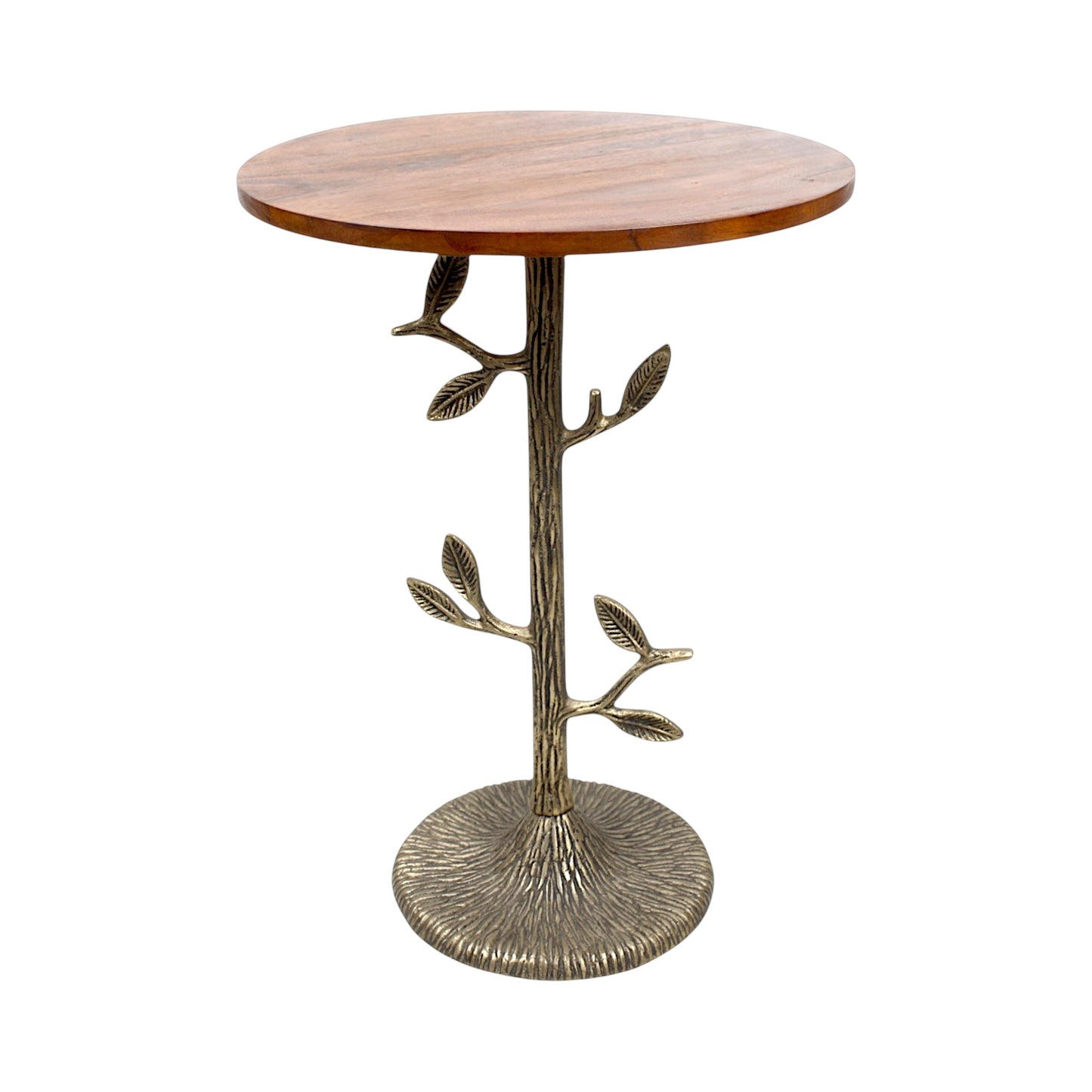 Tree Design Metal Base Side Table with Wooden Top (16 Inch Dia, 23 Inch Height) | Decorative Accent Table