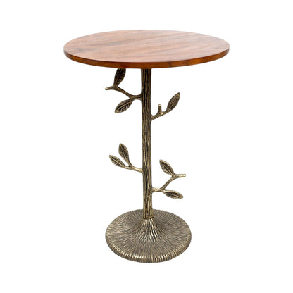 Tree Design Metal Base Side Table with Wooden Top (16 Inch Dia, 23 Inch Height) | Decorative Accent Table