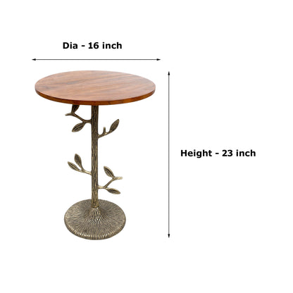 Tree Design Metal Base Side Table with Wooden Top (16 Inch Dia, 23 Inch Height) | Decorative Accent Table