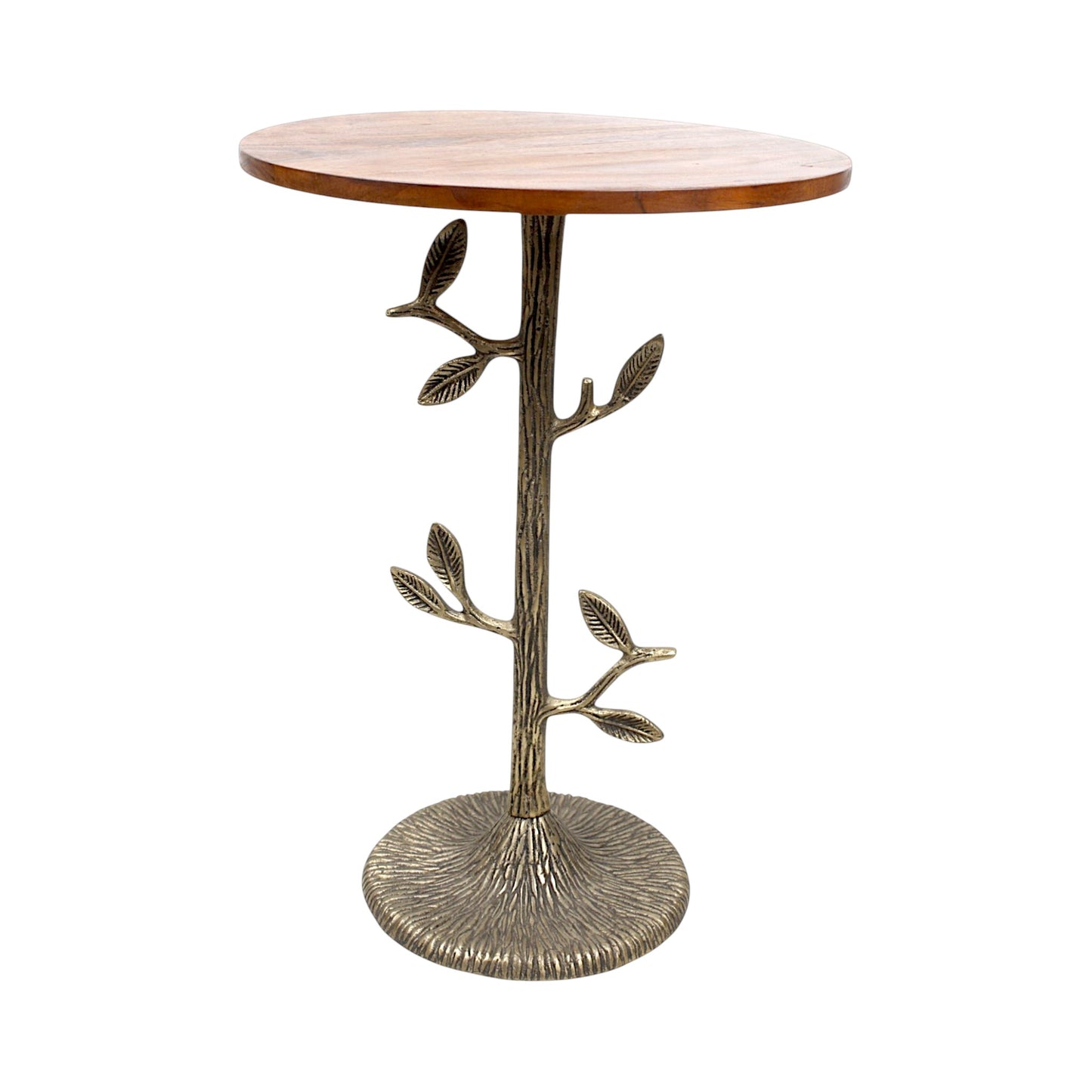Tree Design Metal Base Side Table with Wooden Top (16 Inch Dia, 23 Inch Height) | Decorative Accent Table