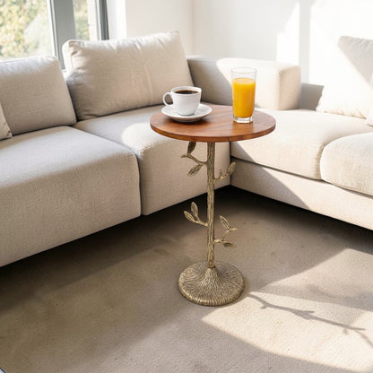 Tree Design Metal Base Side Table with Wooden Top (16 Inch Dia, 23 Inch Height) | Decorative Accent Table