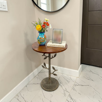Tree Design Metal Base Side Table with Wooden Top (16 Inch Dia, 23 Inch Height) | Decorative Accent Table