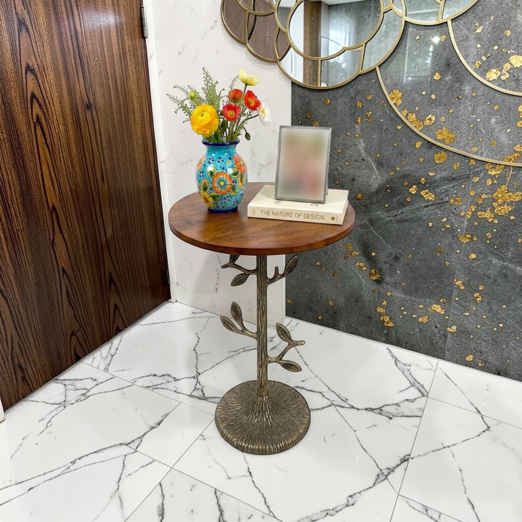 Tree Design Metal Base Side Table with Wooden Top (16 Inch Dia, 23 Inch Height) | Decorative Accent Table