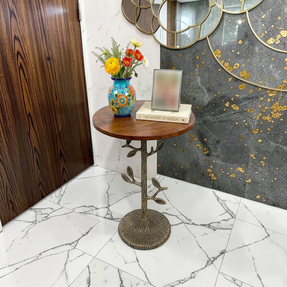 Tree Design Metal Base Side Table with Wooden Top (16 Inch Dia, 23 Inch Height) | Decorative Accent Table