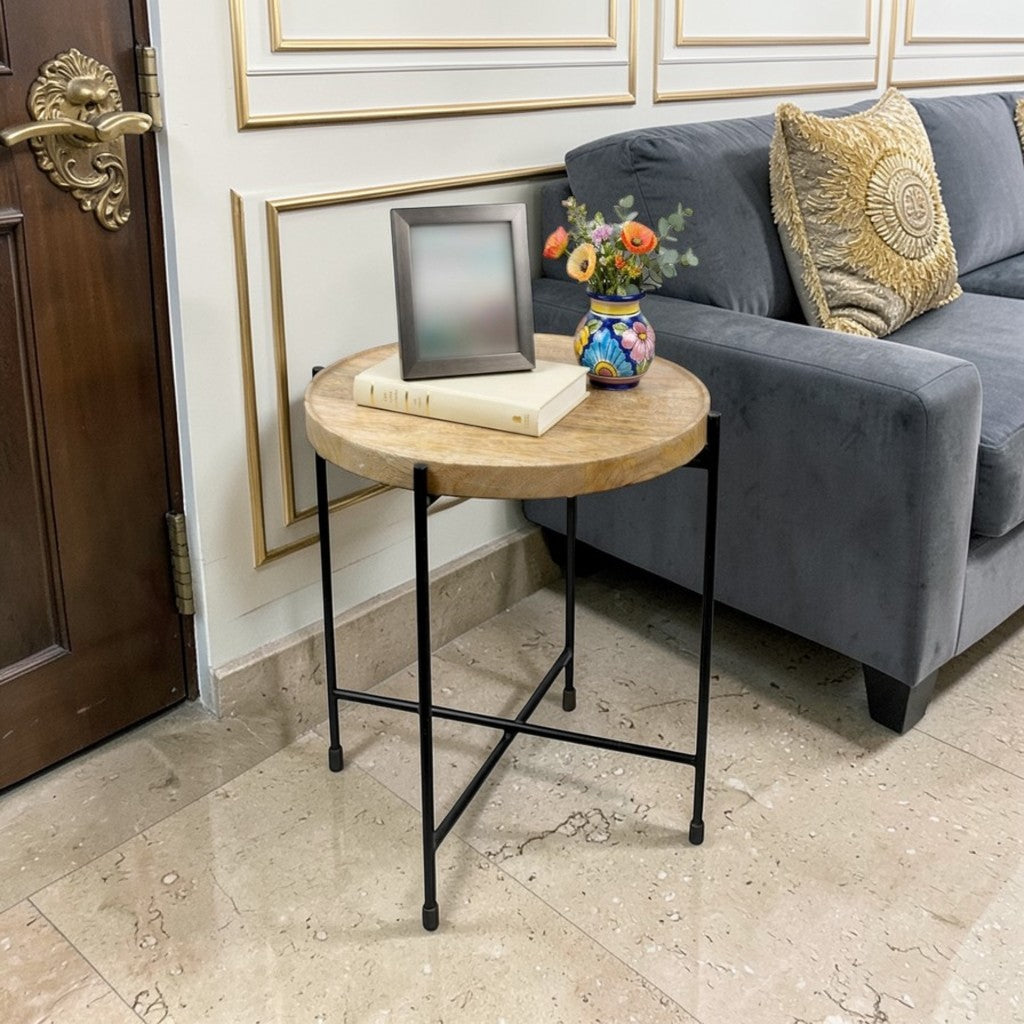Round Wooden Top Side Table with Metal Legs (13.75 Inch Dia, 18 Inch Height) | Modern Minimal Accent Table