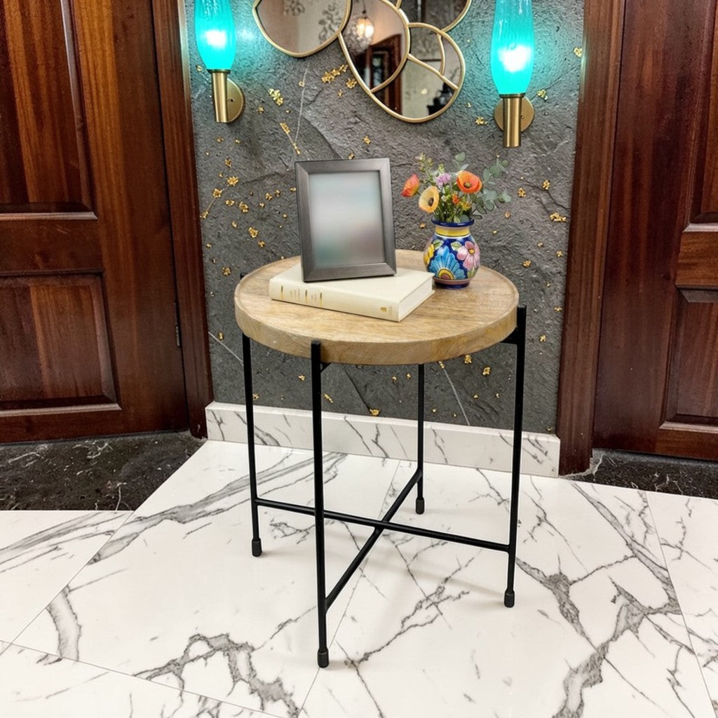 Round Wooden Top Side Table with Metal Legs (13.75 Inch Dia, 18 Inch Height) | Modern Minimal Accent Table