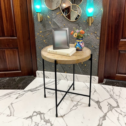 Round Wooden Top Side Table with Metal Legs (13.75 Inch Dia, 18 Inch Height) | Modern Minimal Accent Table
