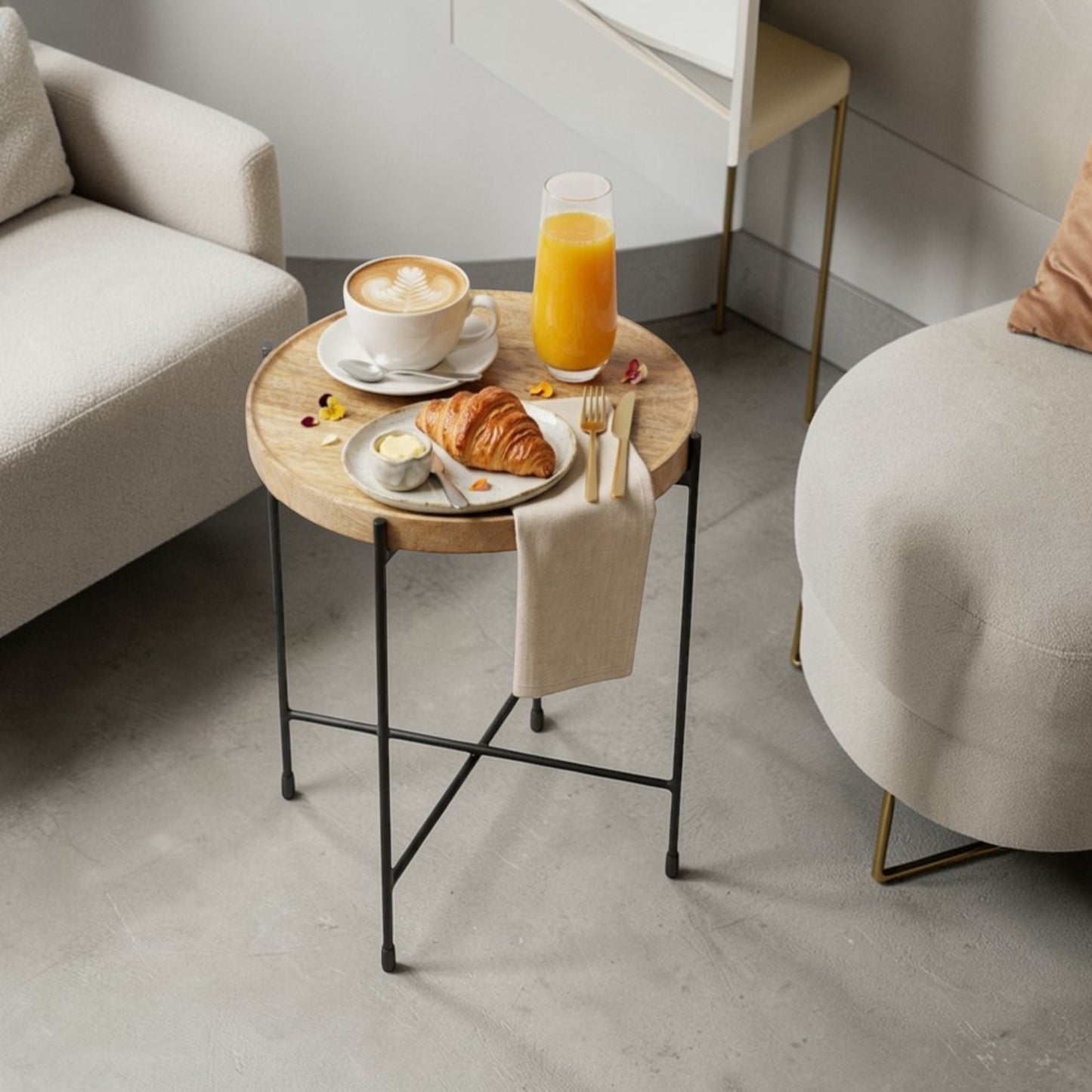 Round Wooden Top Side Table with Metal Legs (13.75 Inch Dia, 18 Inch Height) | Modern Minimal Accent Table