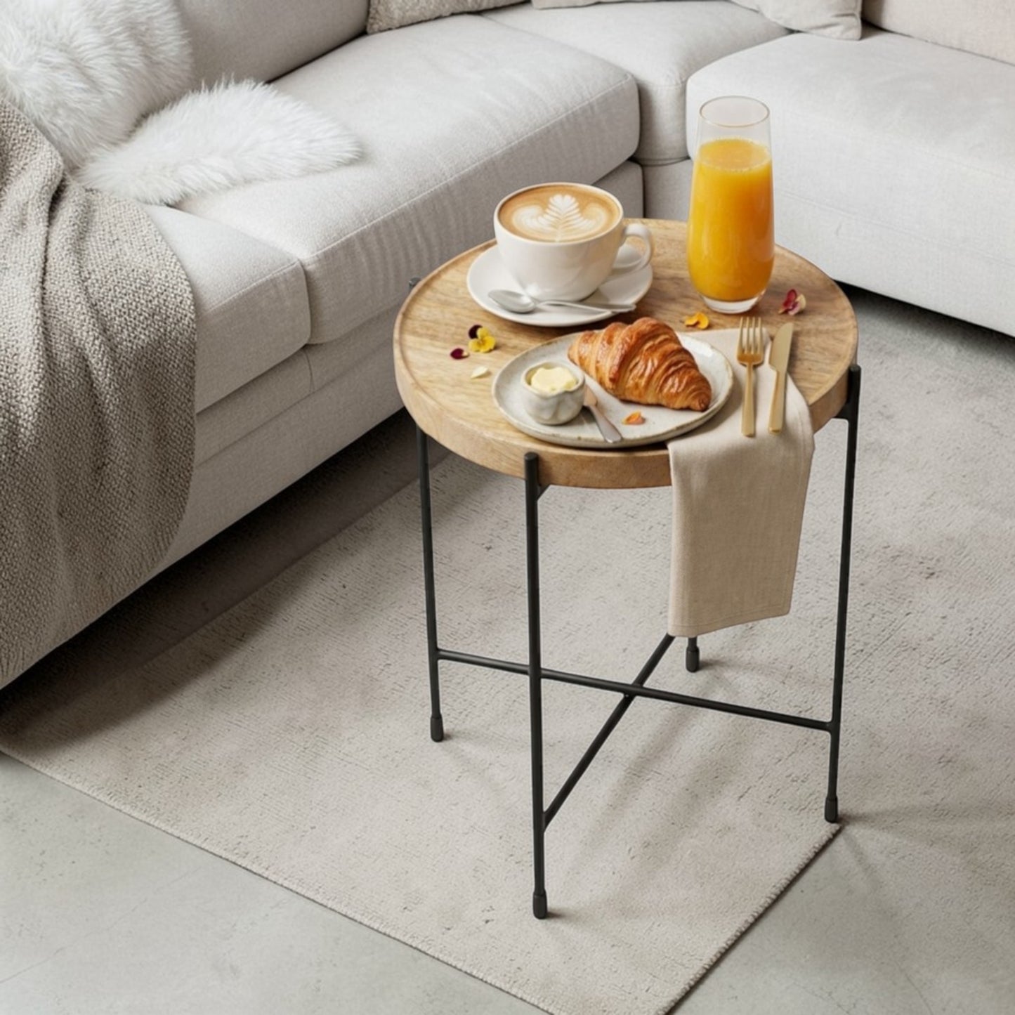 Round Wooden Top Side Table with Metal Legs (13.75 Inch Dia, 18 Inch Height) | Modern Minimal Accent Table