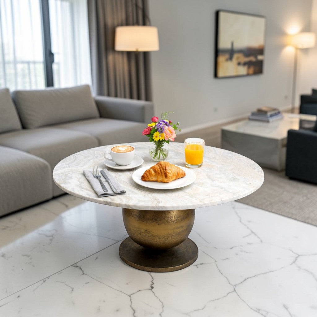 Luxury Marble Top Coffee Table with Metal Base (36 Inch Dia, 16.5 Inch Height) | Modern Center Table for Living Room